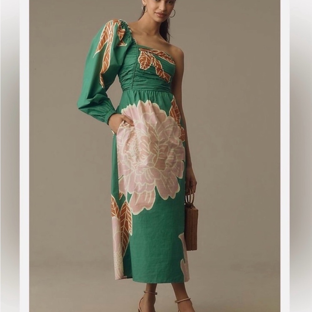 FARM Rio Green and Pink One-Shoulder Dress